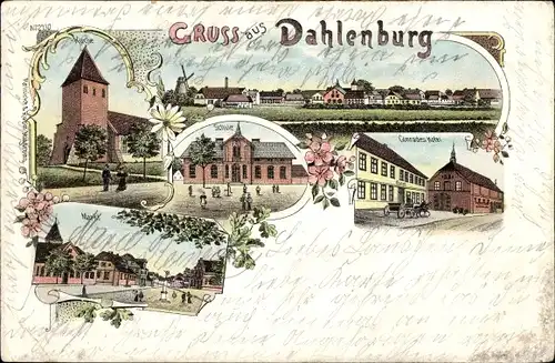 Litho Dahlenburg in der Lüneburger Heide, Gesamtansicht, Markt, Kirche, Schule, Hotel
