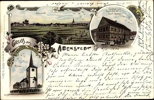 Litho Adenstedt Sibbesse in Niedersachsen, Panorama, Kirche, Gasthof zum Deutschen Kaiser