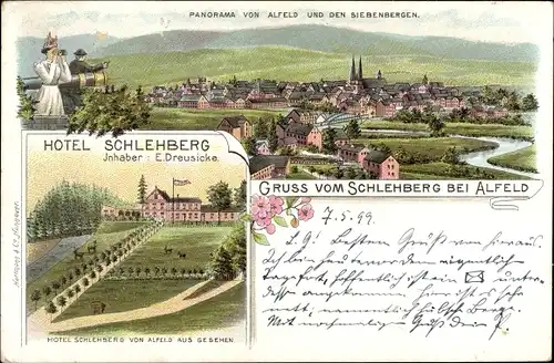 Litho Alfeld an der Leine, Hotel Schlehberg, Inh. E. Dreusicke, Panorama, Siebenberge