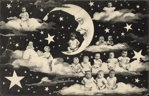 Ak Babys auf Wolken, Mondsichel, Fotomontage, Sterne, BKWI 810 3
