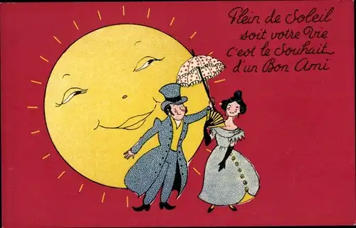 Ak Sonnenschien, Liebespaar, Fächer, Sonnenschirm