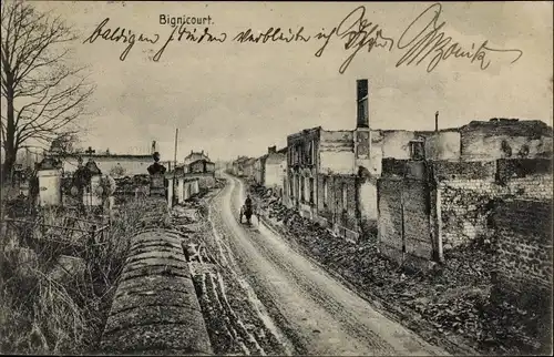 Ak Bignicourt Ardennes, Straßenpartie, Kriegszerstörungen, I. WK