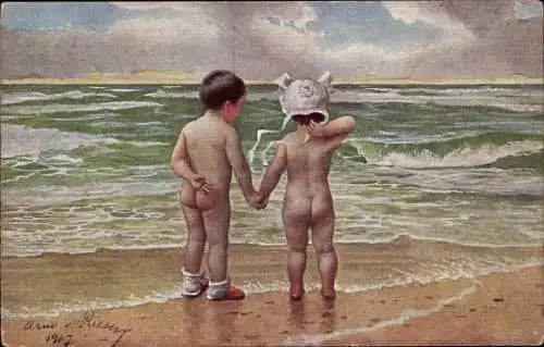 Künstler Ak von Riesen, Arno, Die Lebensmüden, zwei Kinder am Strand