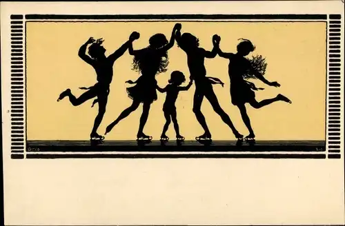 Scherenschnitt Künstler Ak Fidus, Winterfreude, Schlittschuhläufer