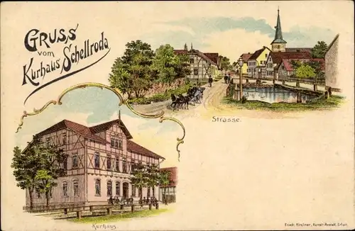 Litho Schellroda Klettbach in Thüringen, Kurhaus, Straßenpartie