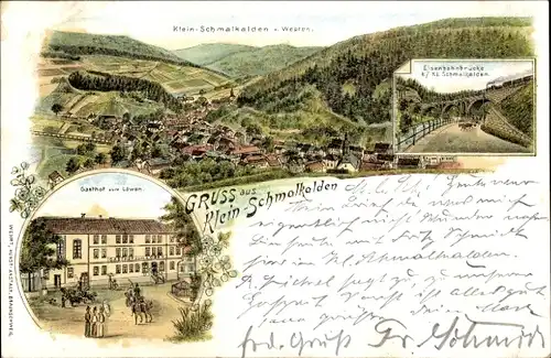 Litho Schmalkalden im Thüringer Wald, Totalansicht, Gasthof zum Löwen, Eisenbahnbrücke
