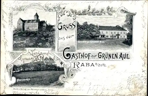 Ak Raba Haynsburg Wetterzeube im Burgenlandkreis, Gasthof zur Grünen Aue, Burg