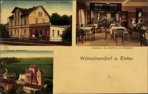 Ak Wünschendorf an der Elster, Gasthof zur Eisenbahn, Kloster Mildenfurth