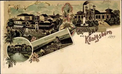 Litho Königsborn Unna im Ruhrgebiet, Kurhaus, Theater, Badehaus, Gradierwerke, Teich