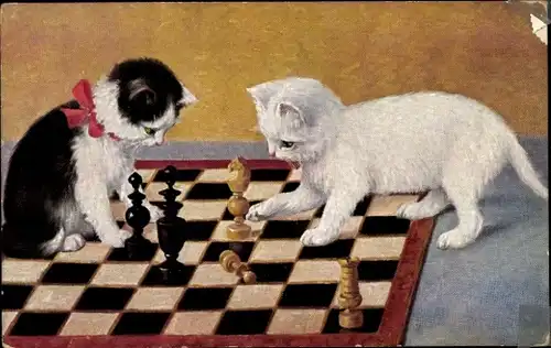 Künstler Ak Zwei kleine Katzen spielen Schach, Schachbrett
