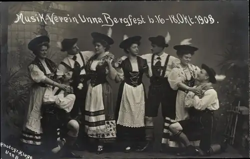 Foto Ak Unna in Westfalen, Musik-Verein, Bergfest 16.-18. Oktober 1908, Volkstrachten