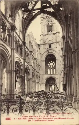 Ak Reims-Marne, Kirche Saint André durch die Bombardierung