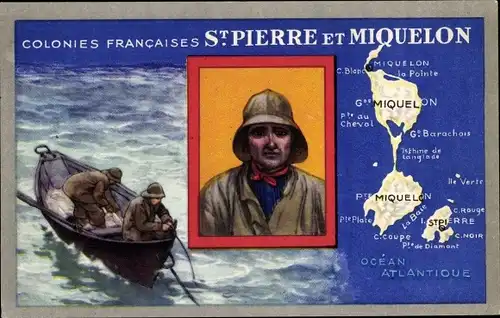 Landkarten Ak Saint Pierre et Miquelon, Colonies Francaises, Männer im Boot
