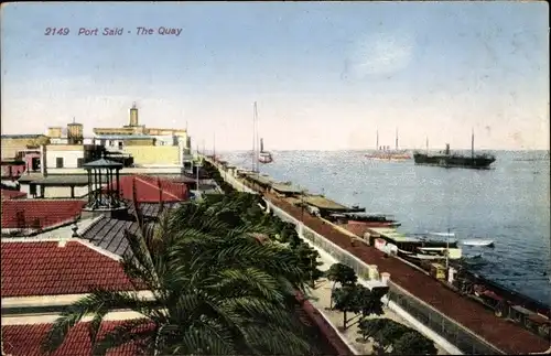 Ak Port Said Ägypten, The Quay, Blick in den Hafen, Dampfschiffe, Palme