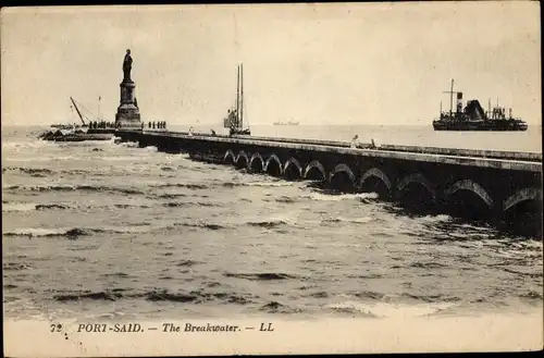 Ak Port Said Ägypten, The Breakwater, statue, steam ship