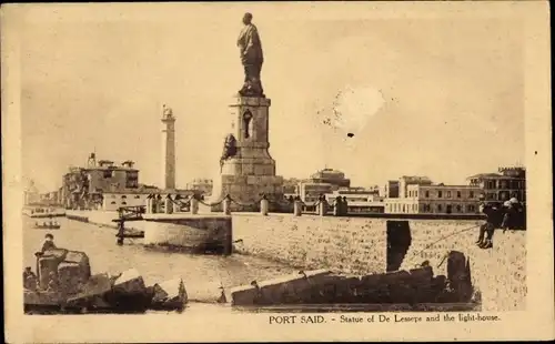 Ak Port Said Ägypten, Statue de Ferdinand de Lesseps, Denkmal, Leuchtturm
