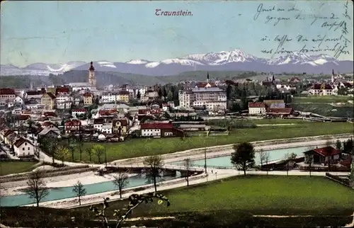 Ak Traunstein in Oberbayern, Panorama, Brücke