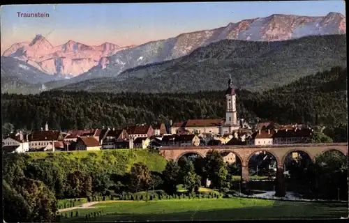 Ak Traunstein in Oberbayern, Panorama, Brücke, Kirche