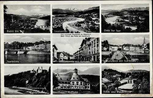 Ak Bad Tölz in Oberbayern, Isarbrücke, Rathaus, Marienstift, Wandelhalle, Trinkhalle