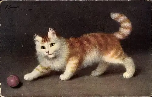 Künstler Ak Rot-getigerte Katze mit einem Ball