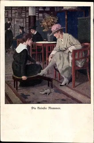 Künstler Ak Wennerberg, Bruno, Die kleinste Nummer, Frau probiert Schuhe an