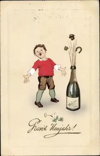 Präge Ak Fröhliches Neujahr, Junge, Sektflasche