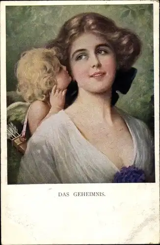Künstler Ak Das Geheimnis, Amor flüstert Frau ins Ohr