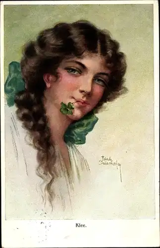 Künstler Ak Ruab, Klee, Portrait einer jungen Frau mit Kleeblatt im Mund