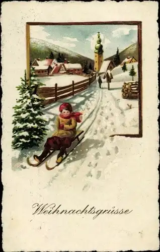 Litho Frohe Weihnachten, Kind auf einem Schlitten, winterliches Dorf