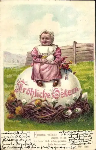 Präge Litho Frohe Ostern, Kind sitzt auf Osterei, Kasperpuppe
