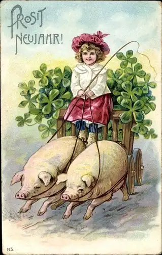 Präge Ak Fröhliches Neujahr, Schweine ziehen Kutsche, Klee, Mädchen