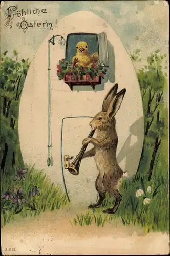 Präge Ak Frohe Ostern, Osterhase vor einem Eierhaus, Küken am Fenster