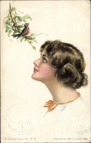 Künstler Ak Fidler, Alice Luella, Frauenportrait, singender Vogel