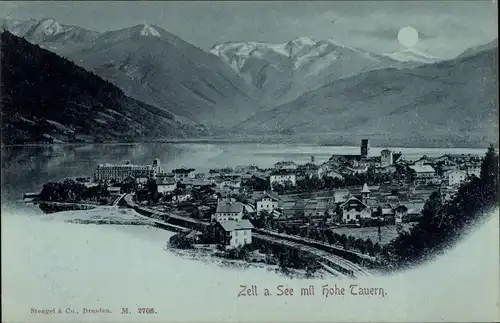 Mondschein Ak Zell am See in Salzburg, Ppanorama, Hohe Tauern
