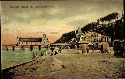 Ak Ostseebad Sellin auf Rügen, Strand, Landungsbrücke