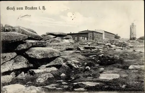 Ak Brocken Nationalpark Harz, Brockenhotel, Teufelskanzel