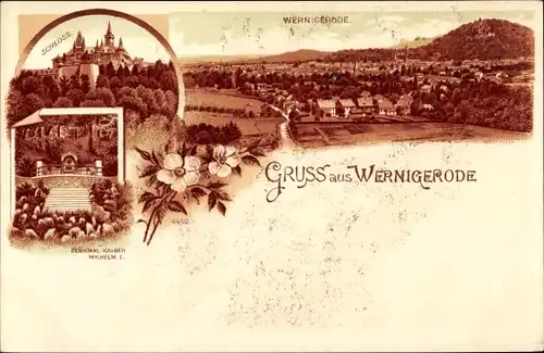Litho Wernigerode am Harz, Panorama, Schloss, Kaiser Wilhelm Denkmal
