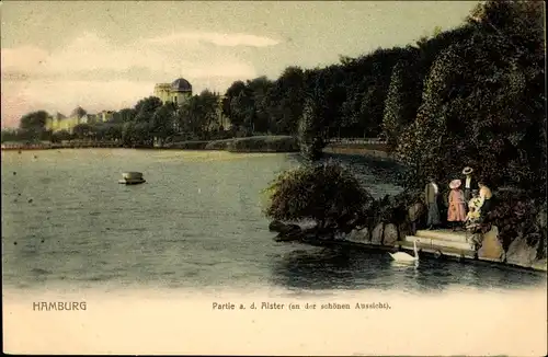 Ak Hamburg, Alster an der schönen Aussicht, Passanten