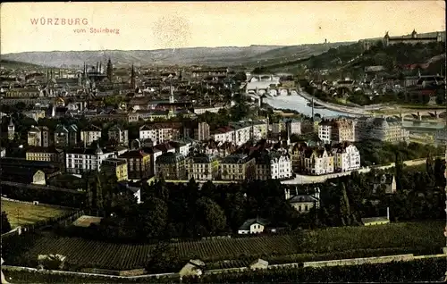 Ak Würzburg Unterfranken, Totalansicht, Steinberg, Brücke, Fluss