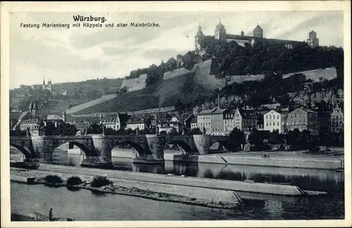 Ak Würzburg am Main Unterfranken, Festung Marienberg mit Käppele und alter Mainbrücke