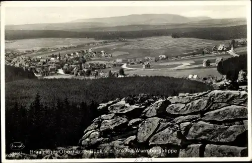 Ak Braunlage im Oberharz, Totalansicht, Große Wurmbergklippe