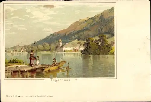 Künstler Litho Tegernsee Kreis Miesbach Oberbayern, Bootsanlegestelle, Haus