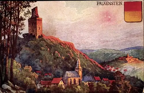 Künstler Ak Rothgeb, G., Falkenstein Königstein im Taunus, Burg vom Stammschloss der Nürings, Wappen