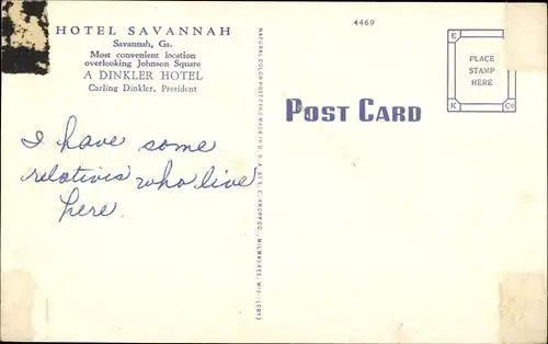 Ak Savannah Georgia USA, Hotel bei Nacht, Luftaufnahme