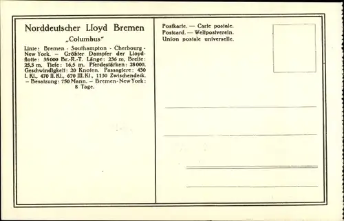 Ak Norddeutscher Lloyd Bremen, Doppelschrauben-Salondampfer Columbus