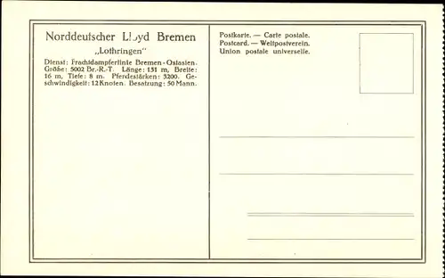 Ak Norddeutscher Lloyd Bremen, Frachtdampfer Lothringen