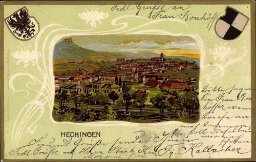 Präge Passepartout Litho Hechingen im Zollernalbkreis, Panorama, Wappen