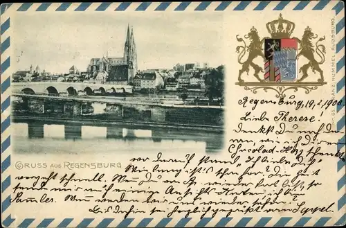 Präge Wappen Ak Regensburg an der Donau Oberpfalz, Teilansicht, Steinerne Brücke, Dom