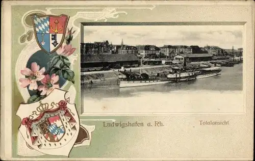 Präge Wappen Passepartout Ak Ludwigshafen am Rhein, Gesamtansicht, Dampfschiff