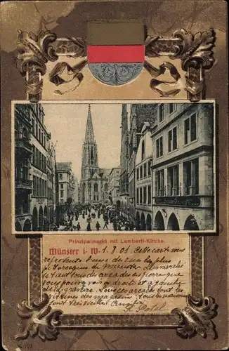 Wappen Passepartout Ak Münster in Westfalen, Prinzipalmarkt, Lambertikirche, Passanten